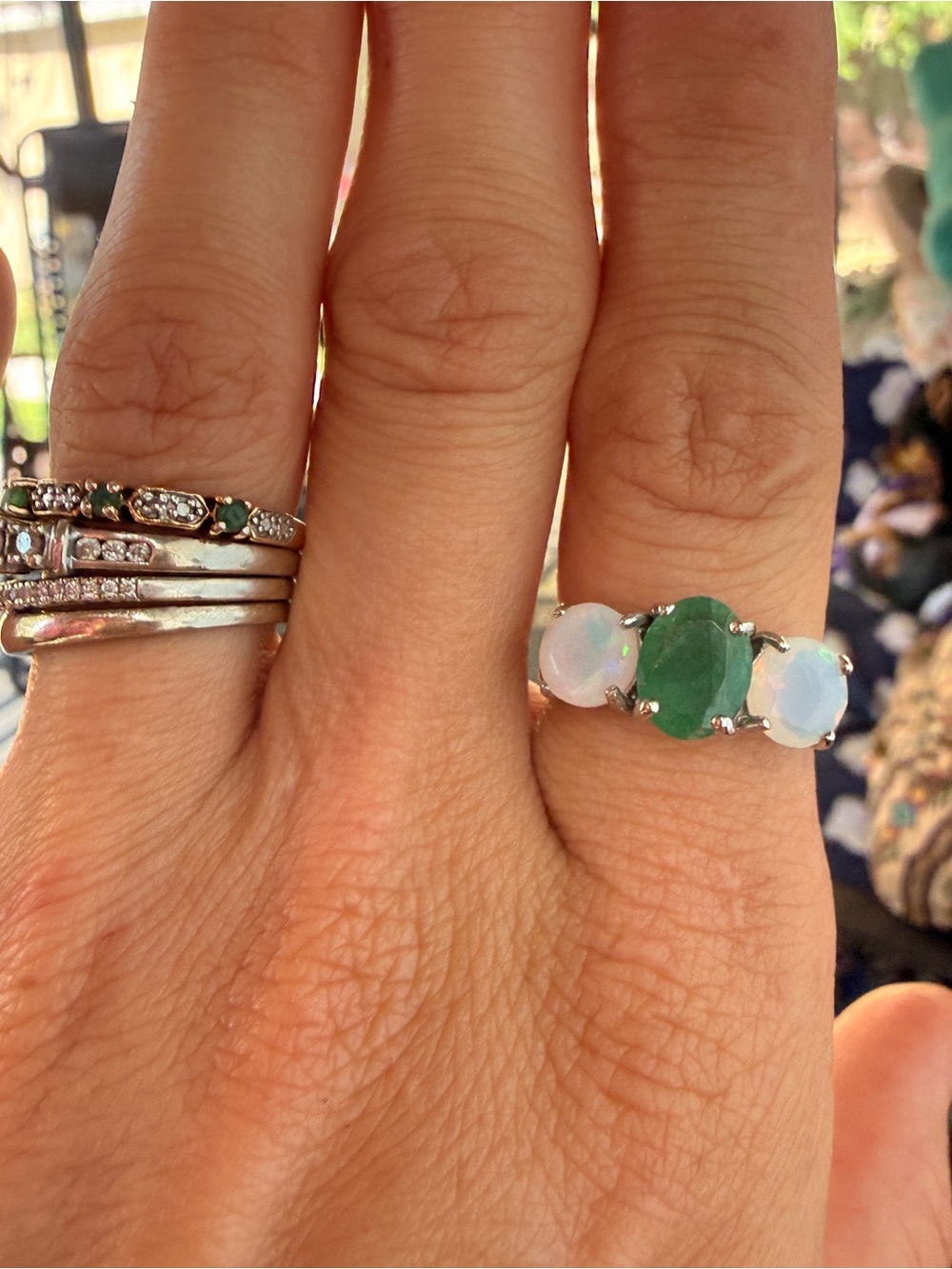 Natural Green Emerald and Fire Opal Trilogy-Stone Ring Sz 9